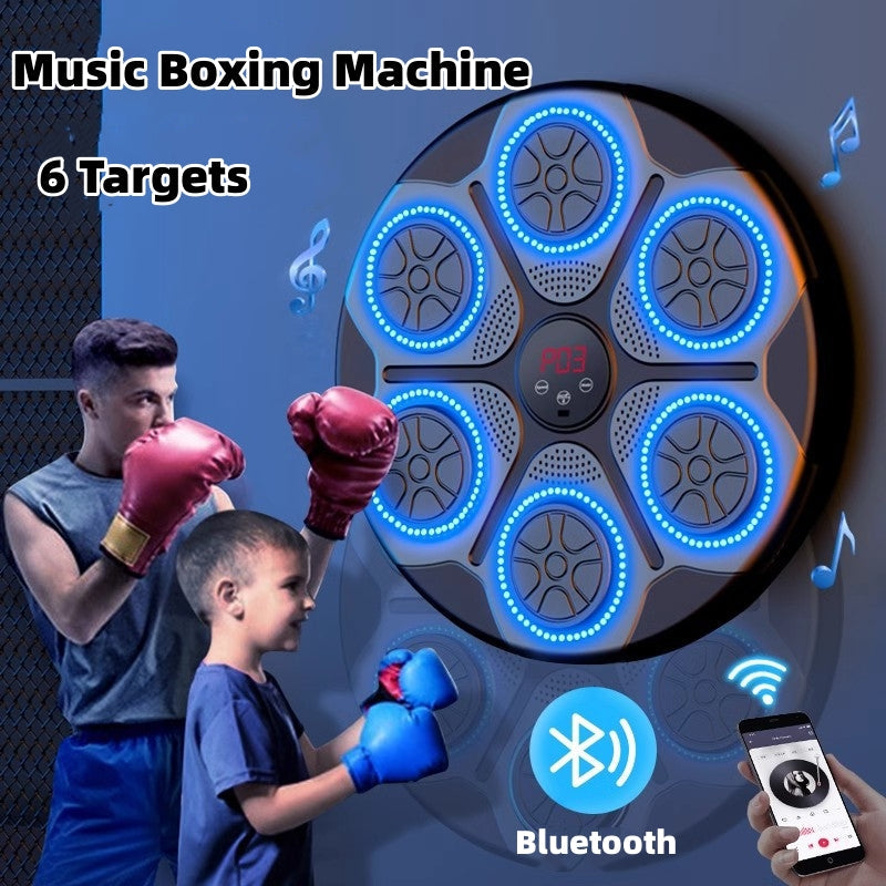 Wall-mounted music boxing machine with blue light-up targets and Bluetooth, used by an adult and a child with boxing gloves