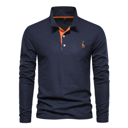 Men's Deer Embroidery Long-Sleeve Cotton Polo Shirt