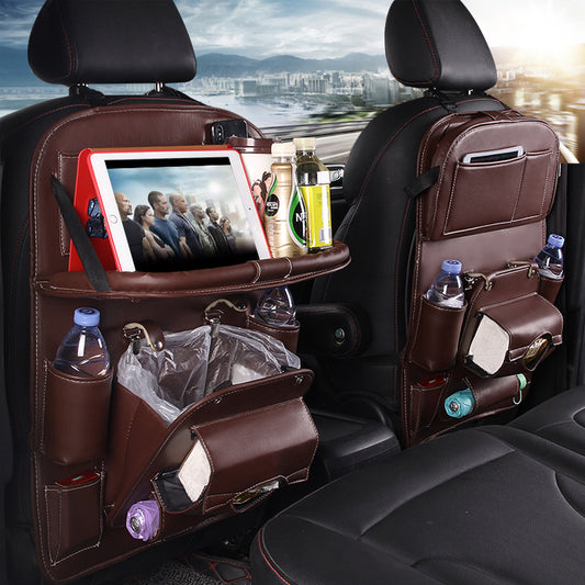 PU Leather Car Seat Back Organizer with Tray - Coffee