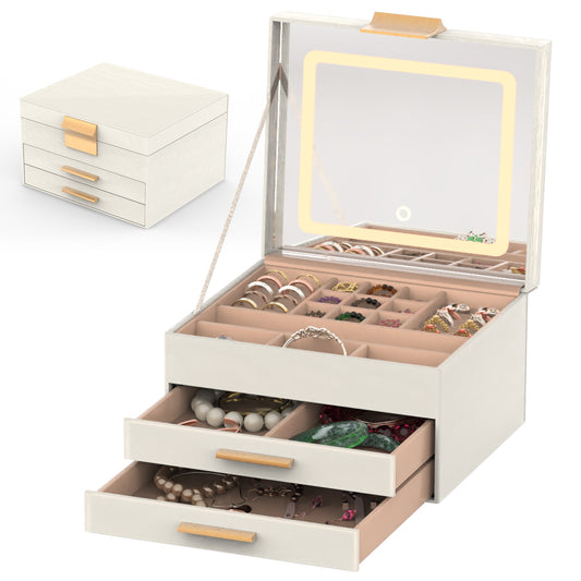 3-Layer Jewelry Box with Dimmable LED Mirror
