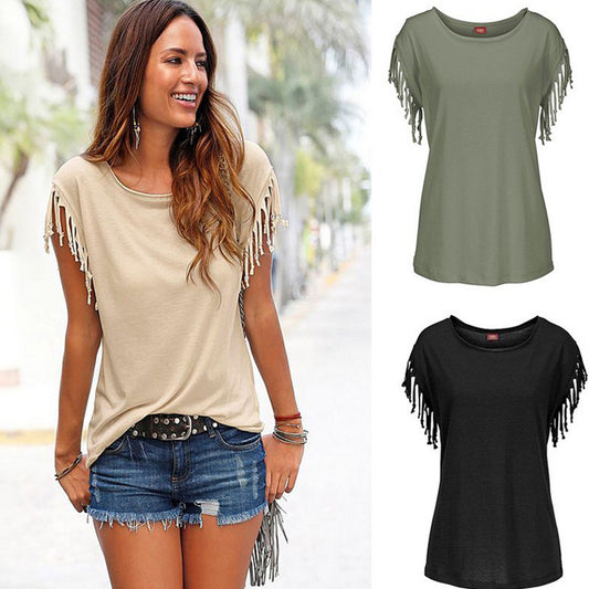Women's Plus Size Round Neck Tassel Cotton T-Shirt