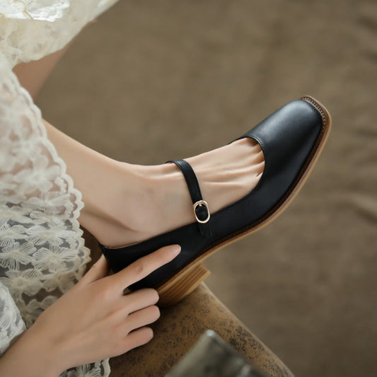 Women's Square Toe Mid-Heel Leather Shoes - Black