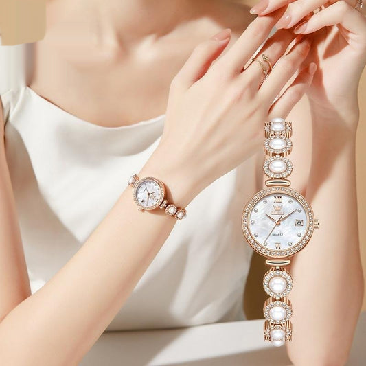Womens Quartz Watch with A Pearl Bracelet