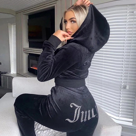 Korean Velvet Rhinestone Two-Piece Tracksuit Set - Black