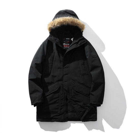 Men's Thermal Padded Work Coat with Fur Collar - Black