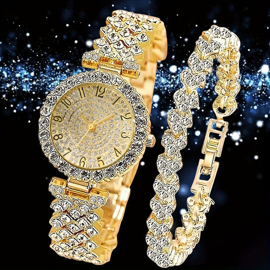 Womens Diamond-Encrusted Watch and Bracelet Set