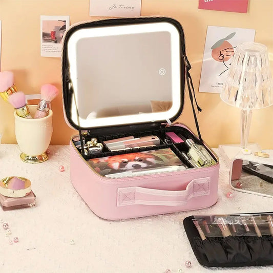 LED Makeup Organizer Case with Lighted Mirror - Pink