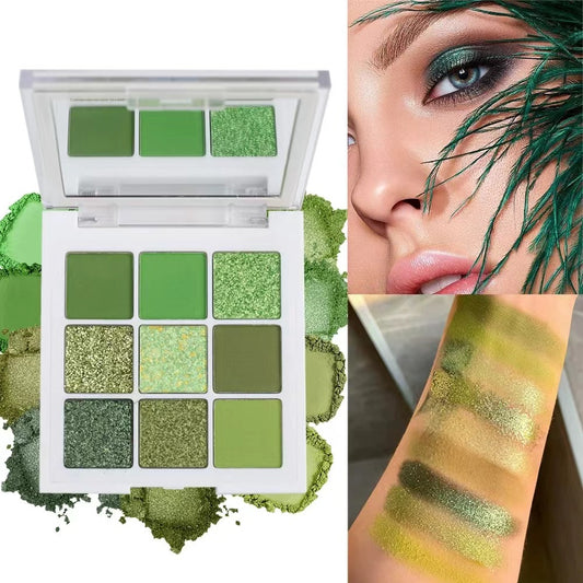 9-Color Green Eyeshadow Palette, Matte & Shimmer
