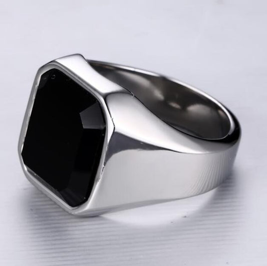 Men's Stainless Steel Black Agate Ring - Silver