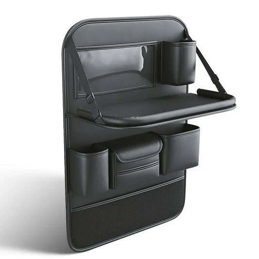PU Leather Car Seat Back Organizer with Foldable Tray - Black