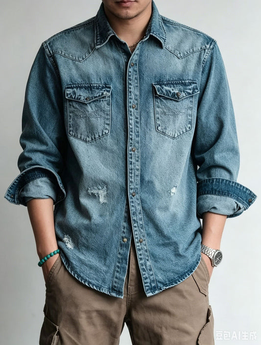 Men's Vintage Distressed Western Denim Shirt - CY340M