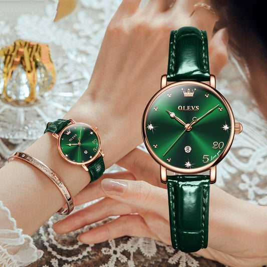 Minimalist Quartz Watch with Green Dial & Leather Strap