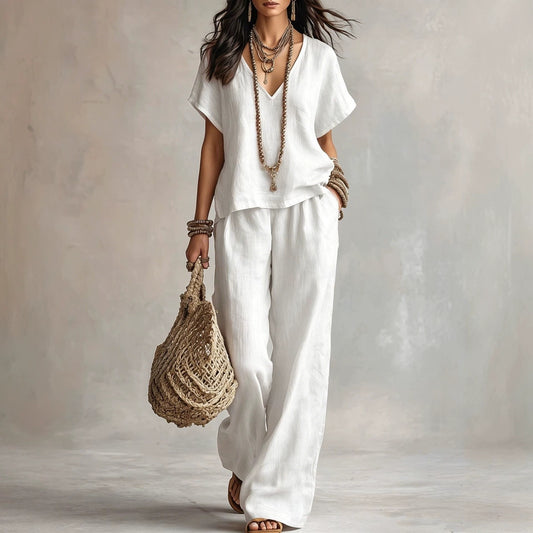 Women's V-Neck Short Sleeve Top & Trousers Set - White