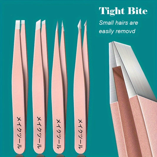 4-Piece Eyebrow Tweezer & Grooming Tool Set - Pink 4PCs