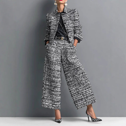 Women's Notched Lapel Crop Top & Wide-Leg Pants Set - Black