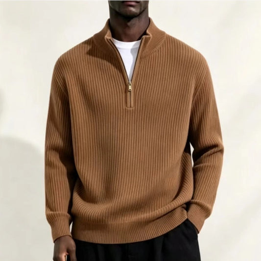 Half-Zip Stand-Collar Striped Sweater