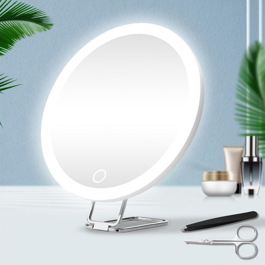 Rechargeable LED Fill Light Rotating Makeup Mirror - White Stand Tweezers Scissors